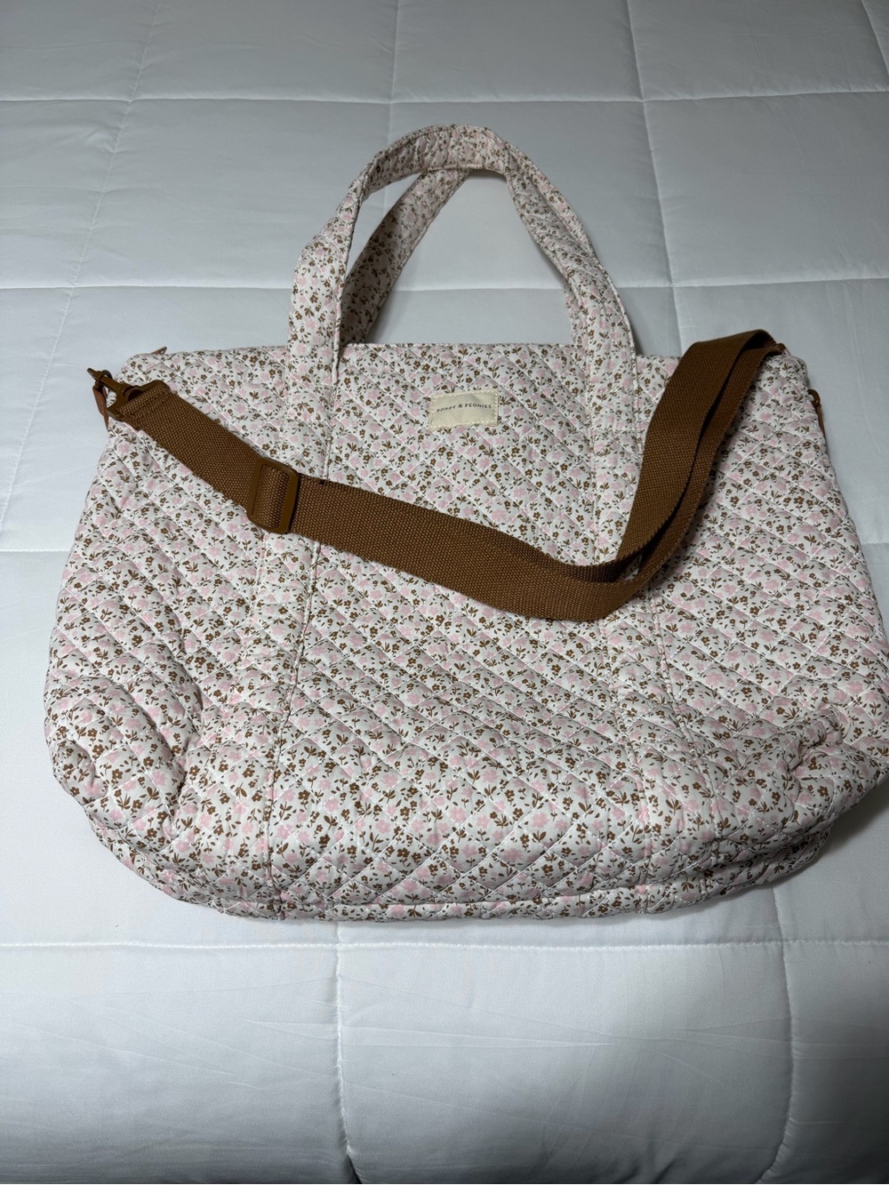 Poppy & Peonies Quilted Floral Tote in Light Pink with Brown Strap